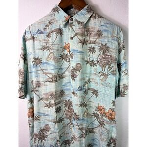 Batik Bay Mens Shirt Blue Large Tropical Palm Tree Rayon Aloha Button Down Beach